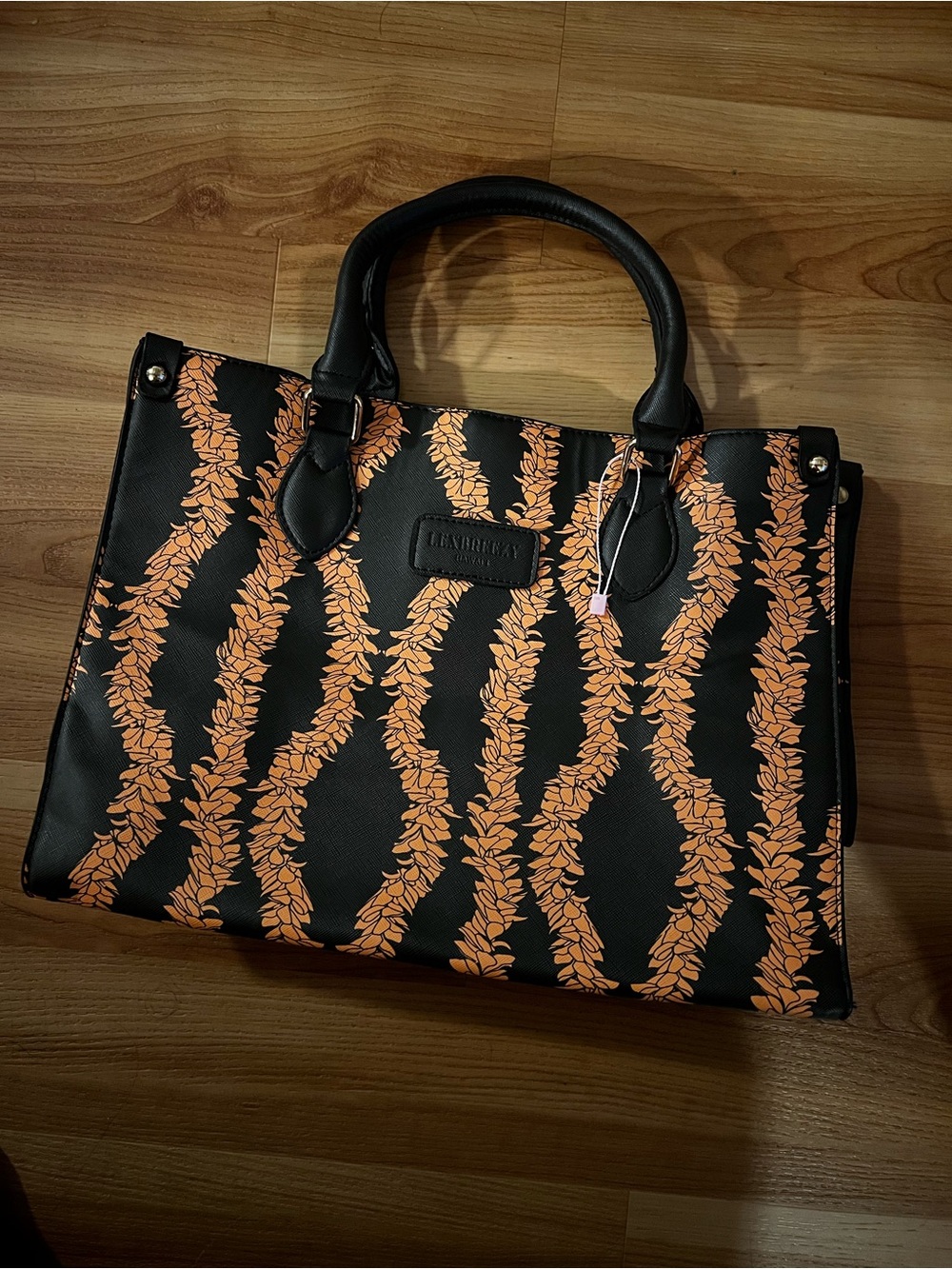 Black Tote Bag with Orange Leaf Stripe Pattern